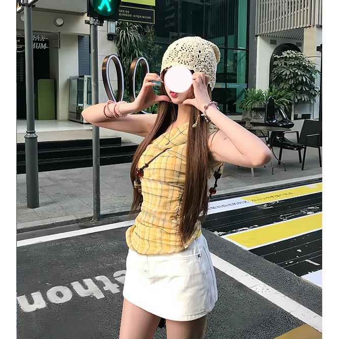 早春新款露肩小众别致条纹设计感斜肩短款修身显瘦纯欲上衣