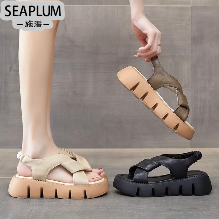 SEAPLUM鱼嘴时装凉鞋女款2025夏季新款厚底罗马交叉凉拖时尚夏天