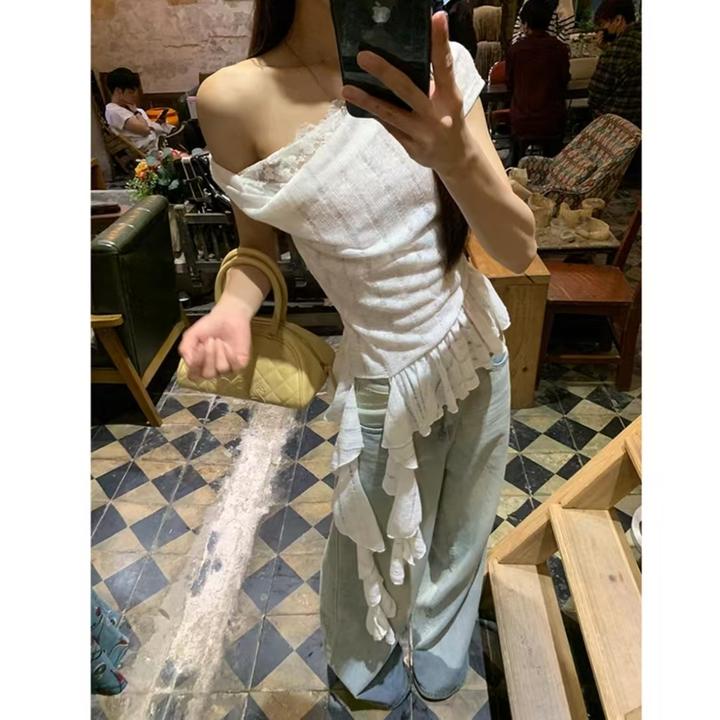 （W1188）韩版纯欲风不规则蕾丝一字肩短袖T恤女新款修身显瘦上衣