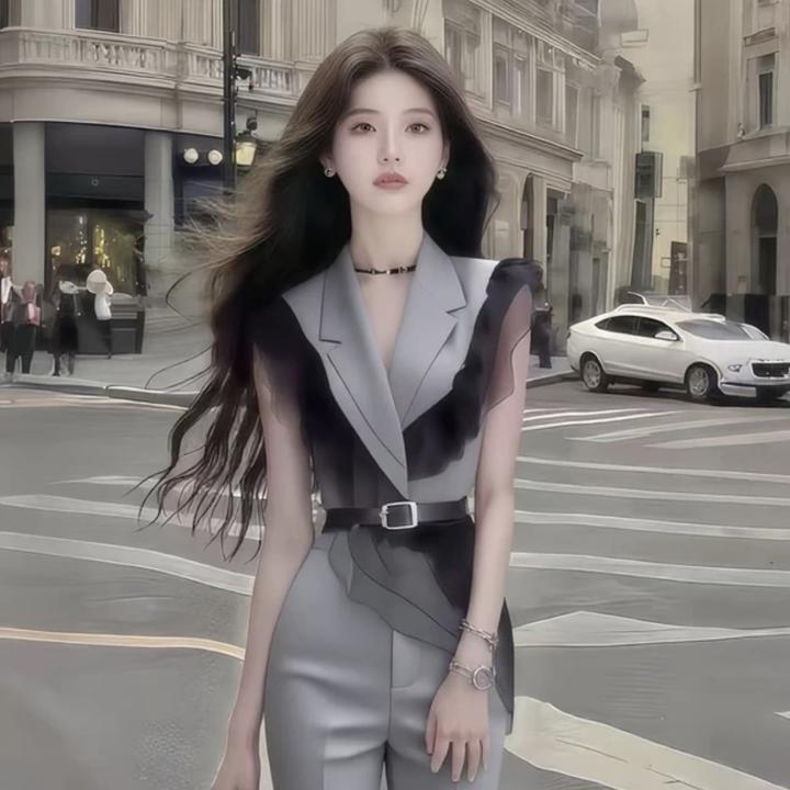 时尚新款灰色无袖V领修身收腰上衣+灰色百搭显瘦长裤女高级两件套