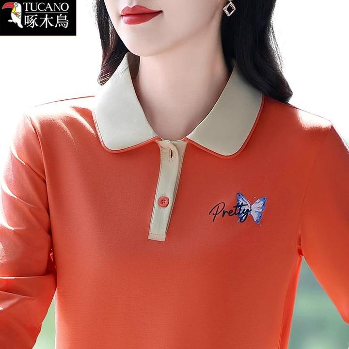 啄木鸟2025年新款印花上衣POLO衫女时尚减龄春秋薄款长袖翻领T恤
