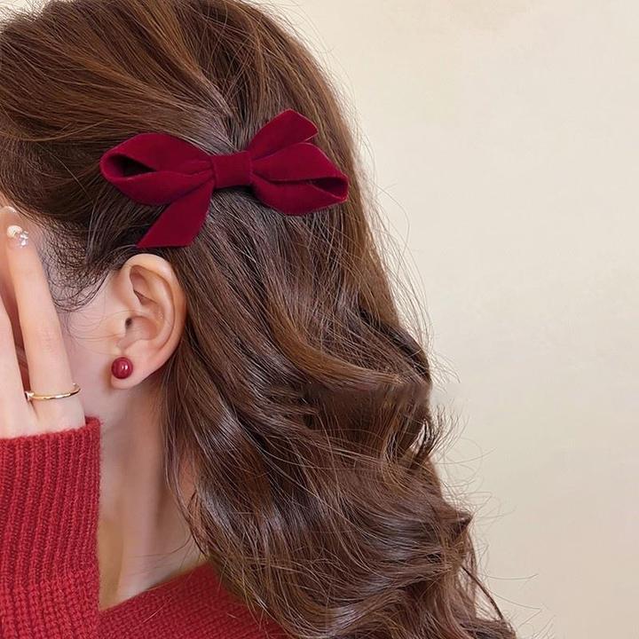 新年红色蝴蝶结头饰发夹女2025新款侧边碎发鸭嘴夹秋冬前额刘海夹