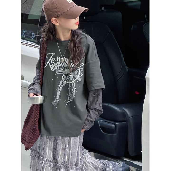 K29464孙小美假两件女童长袖T恤新款秋装儿童上衣春秋打底衫