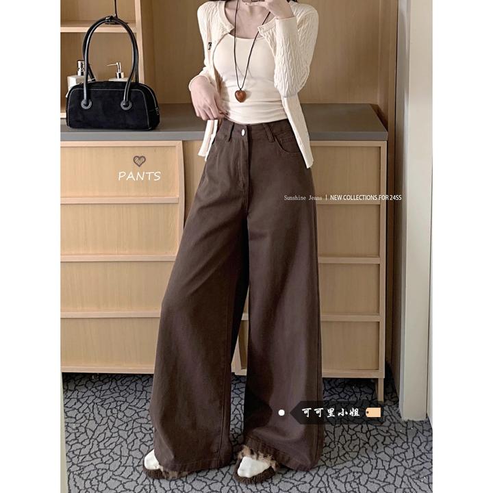 美式咖色阔腿牛仔裤女2025秋季新款高腰宽松显瘦百搭垂感直筒长裤