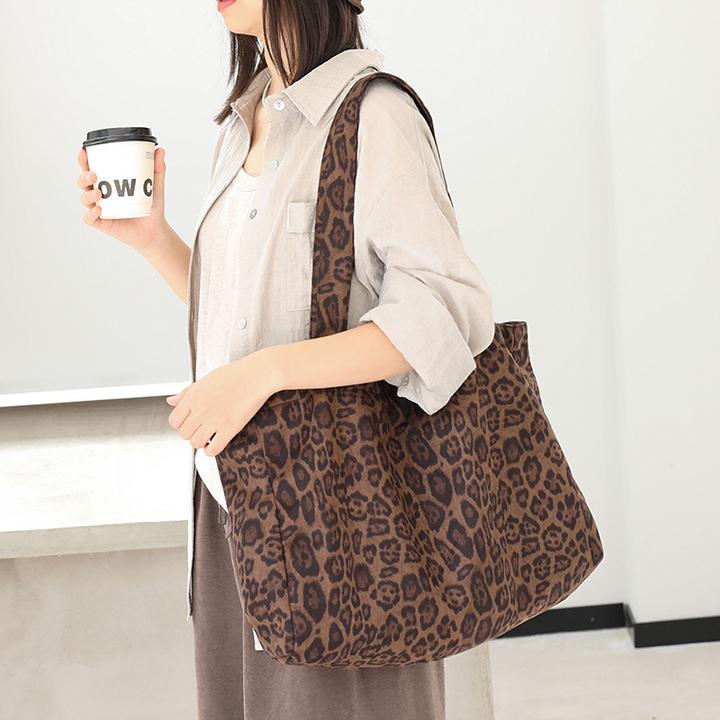 韩式复古豹纹托特包百搭时尚绒布通勤手提包网红撞色帆布单肩女包