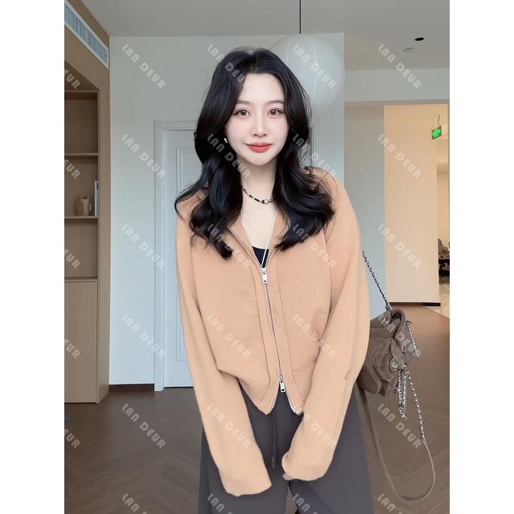 【巷尾姑娘】100%羊毛衫韩版宽松慵懒风连帽双拉链针织开衫女