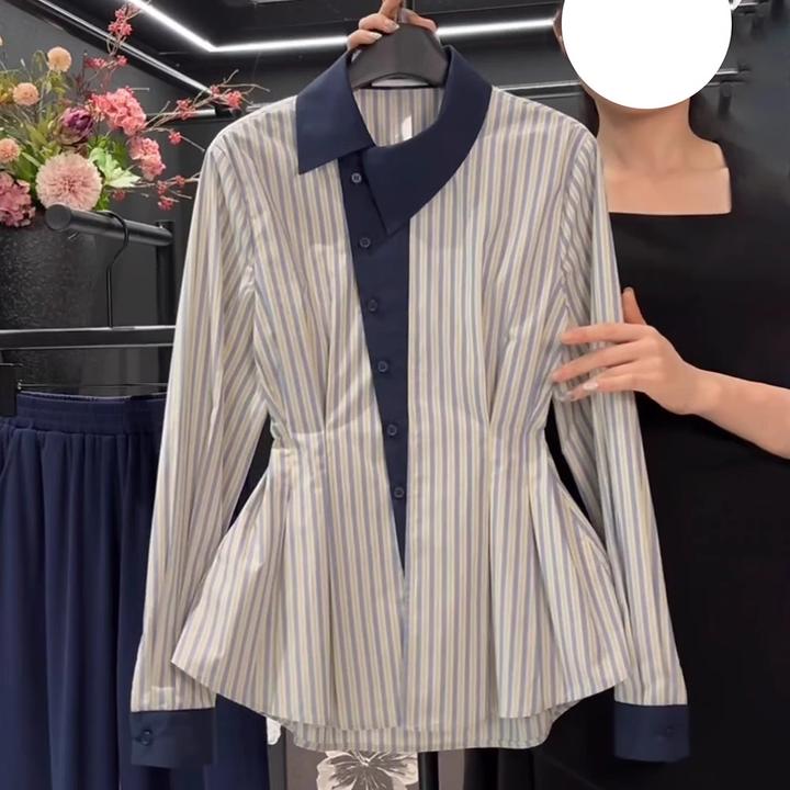 大码法式收腰显瘦蓝色条纹衬衫2025春季新款胖MM时尚撞色长袖衬衣