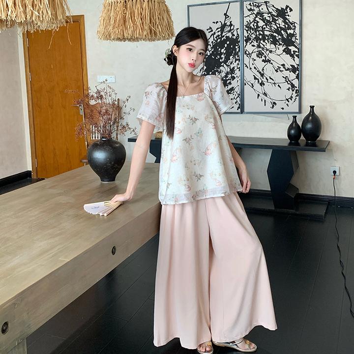 大码胖mm夏新款禅意风粉色蝴蝶短袖上衣高腰山本裤两件套套装5951