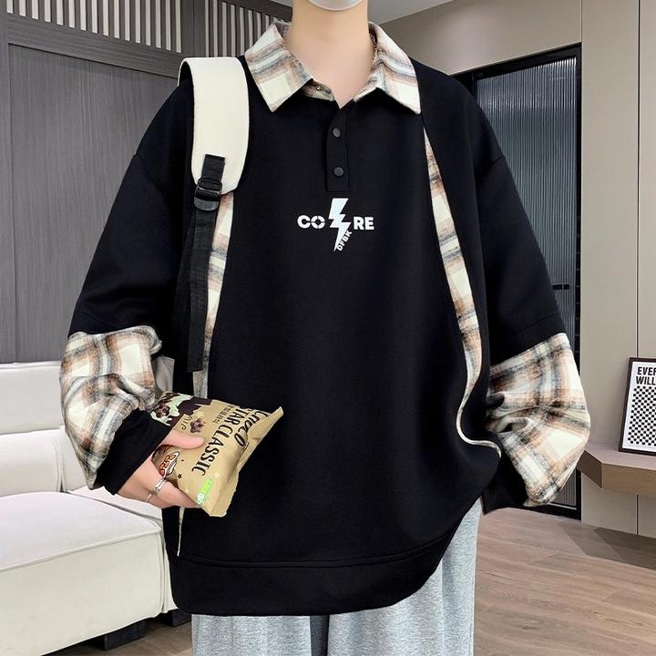 衬衫领卫衣男春秋季假两件结构分割长袖t恤青少年休闲套头上衣服T