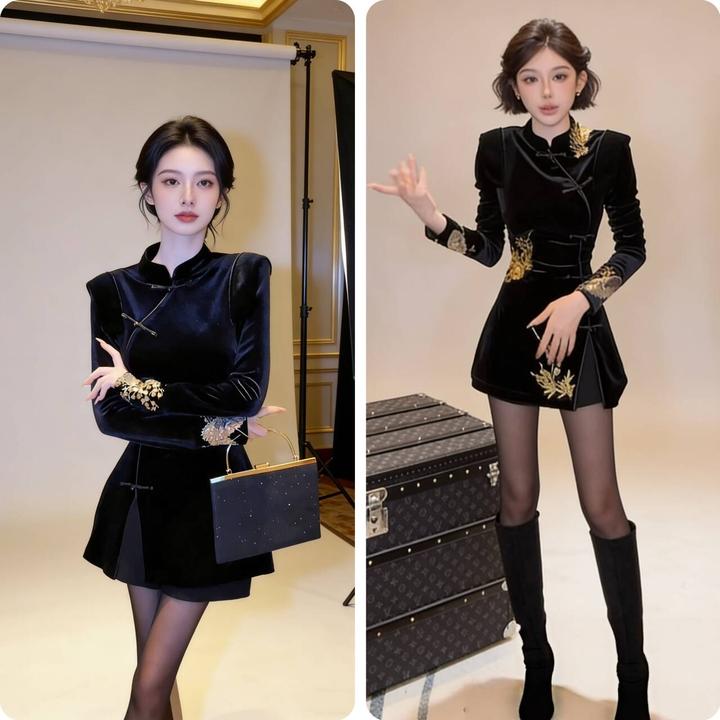2025秋冬气质新中式丝绒刺绣立领收腰显瘦上衣黑色+短裤时尚套装