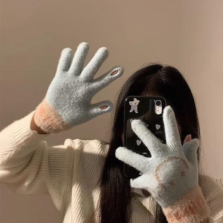 露指触屏保暖手套女漏指头绒绒加厚可爱学生成人骑行车办公防寒冬