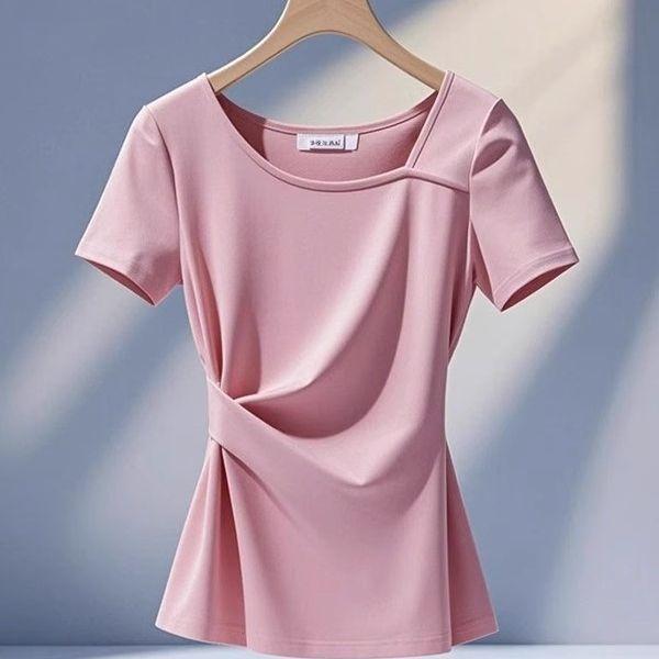 多巴胺粉色短袖T恤女夏季今年流行爆款轻奢独特漂亮时尚洋气上衣