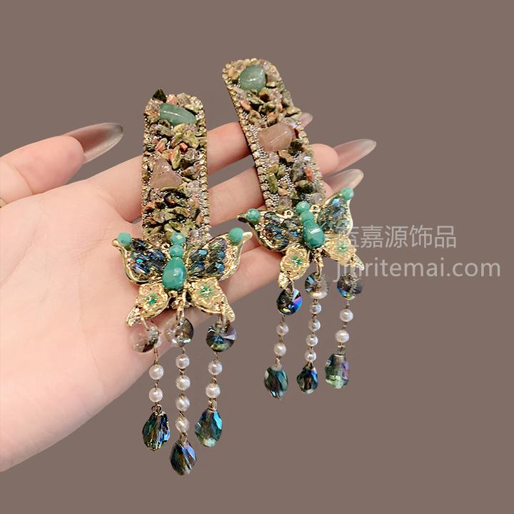 新中式复古绿色水晶蝴蝶流苏发夹2025年春夏氛围感侧边夹bb夹发饰