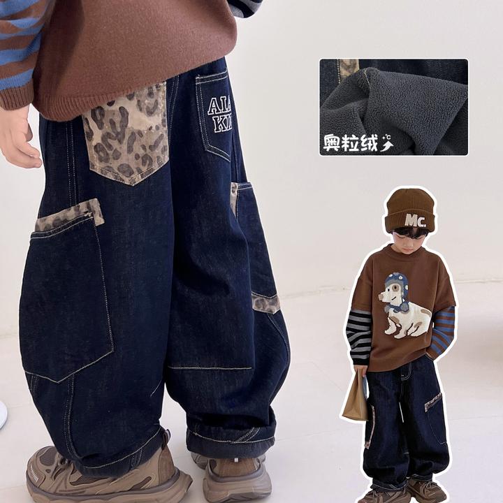 【狂野】男童加绒牛仔裤冬季儿童宽松休闲长裤童装休闲510374O8