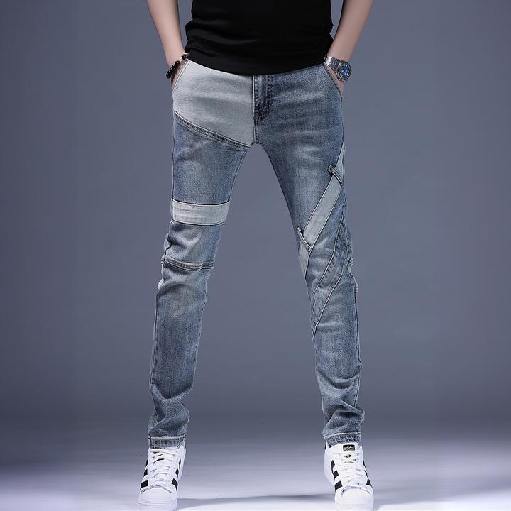 JJ秋冬季高端牛仔裤新款男士修身弹力裤子男裤个性拼接潮流休闲裤