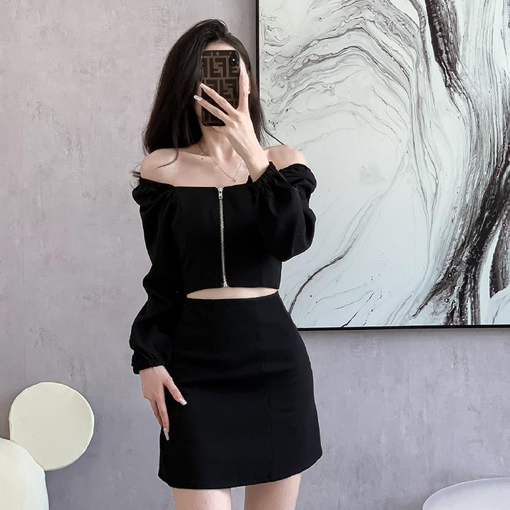 网红短裙套装春夏季新款洋气方领短款上衣+高腰a字半身裙两件套女