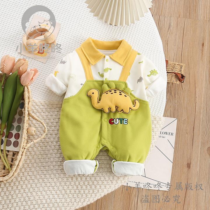 春秋款萌龙小分队男女宝翻领假两件满印卡通拼色可爱婴幼连体哈衣