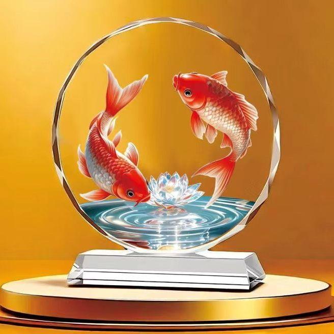 荷花锦鲤水晶摆件精美高档适合客厅玄关乔迁开业送礼