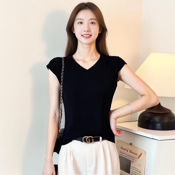 黑色V领短袖女夏季修身轻熟显瘦背心上衣简约通勤小个子小飞袖T恤