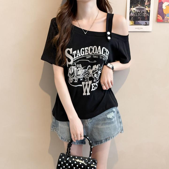 设计感斜领露肩短袖T恤女夏季新款韩版宽松显瘦遮肉小众上衣ins潮