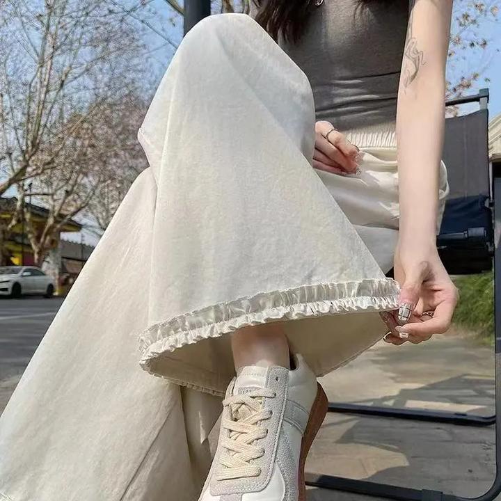 海翔木耳边洗水阔腿裤子春夏新款小个子高腰垂感休闲直筒宽松九分