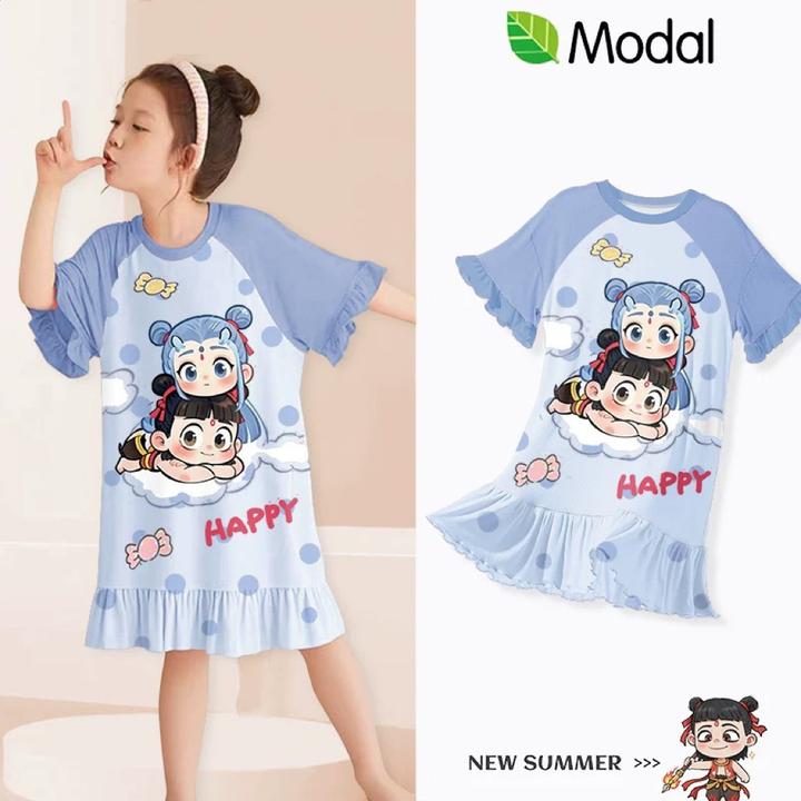 公主风女童睡裙夏季薄款短袖卡通小女孩中大童儿童睡衣家居服裙子
