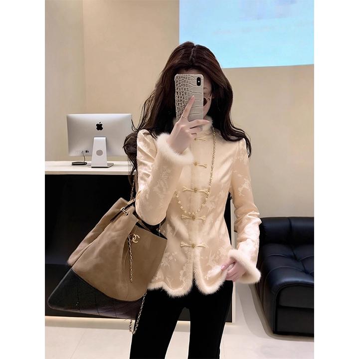 新中式香槟色提花衬衫女冬轻奢高级感巨好看内搭掐腰国风毛绒上衣