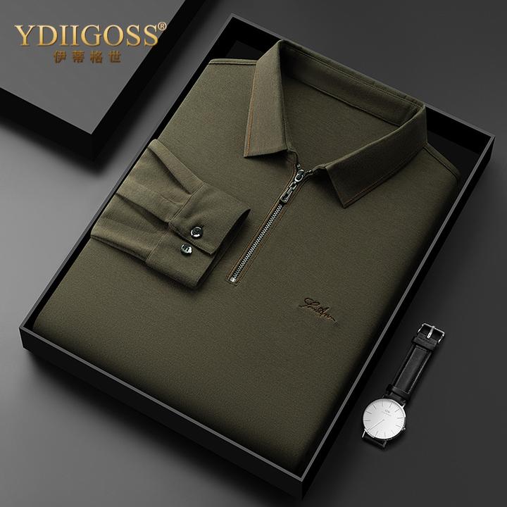 YDIIGOSS男士羊绒长袖t恤春秋新款含棉打底翻领拉链免烫POLO衫