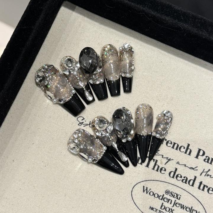 纯手工穿戴甲黑色法式轻奢风暗黑辣妹满钻深夜繁星爆闪大钻可