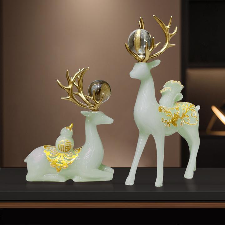 玉石粉色福鹿相随驯鹿摆件轻奢客厅玄关电视柜家居装饰工艺品礼品