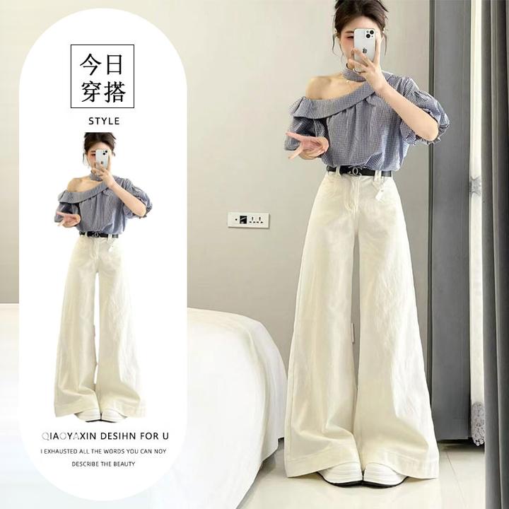 2025夏季新款法式气质职场通勤穿搭格纹斜肩衬衫高腰阔腿裤两件套