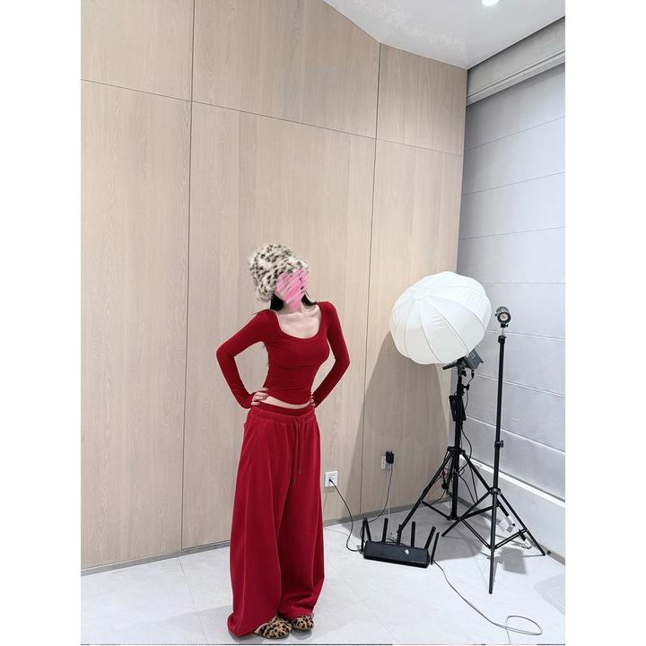 粉色红色长袖T恤直筒裤套装女23898#