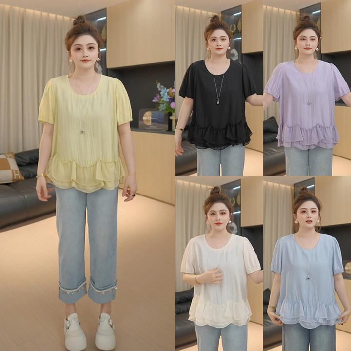 【胖佳佳】现货~爱丽丝仙境 短袖雪纺衫夏季气质百搭衬衫H625E03365