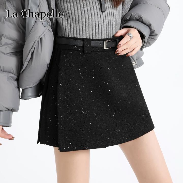 拉夏贝尔秋冬季侧开叉亮片毛呢裙裤女高腰显瘦a字半身裙包臀短裙
