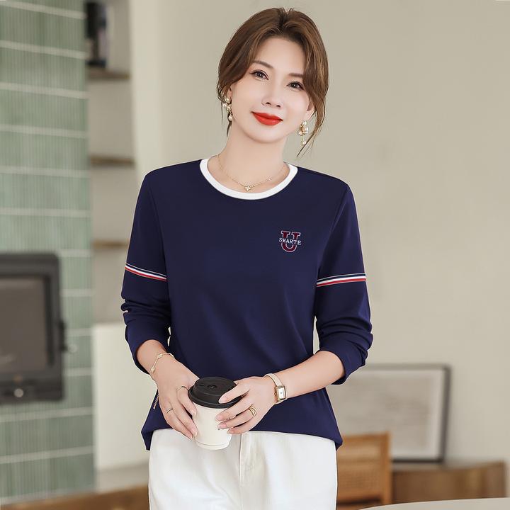 精梳棉假两件刺绣圆领长袖t恤女春季2026新款打底衫时尚休闲上衣