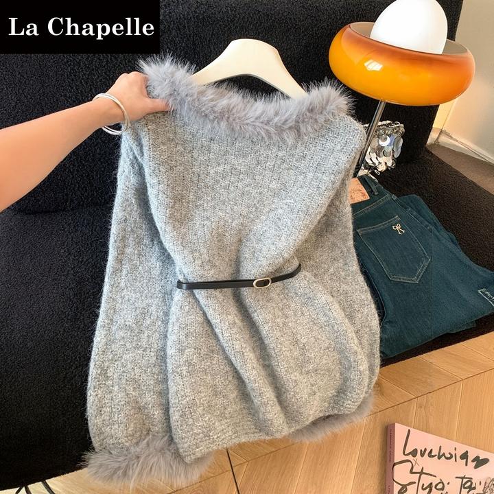 拉夏贝尔韩系甜美慵懒风毛衣女宽松百搭显瘦拼接针织上衣春季新款