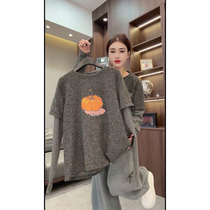 欧货条纹袖子拼接假两件T恤休闲宽松印花圆领韩版秋冬长袖