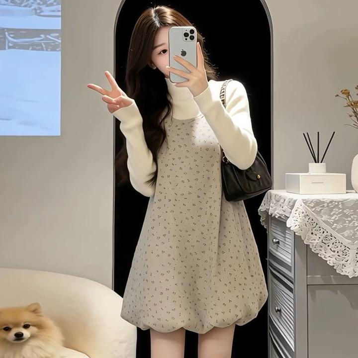 孕妇装秋冬装时尚洋气碎花花苞裙两件套法式孕期穿搭连衣裙套装女