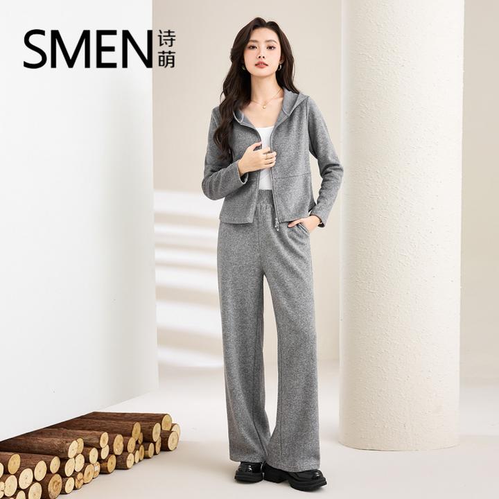 Smen诗萌秋冬季运动休闲女士套装连帽长袖上衣阔腿裤两件套女百搭