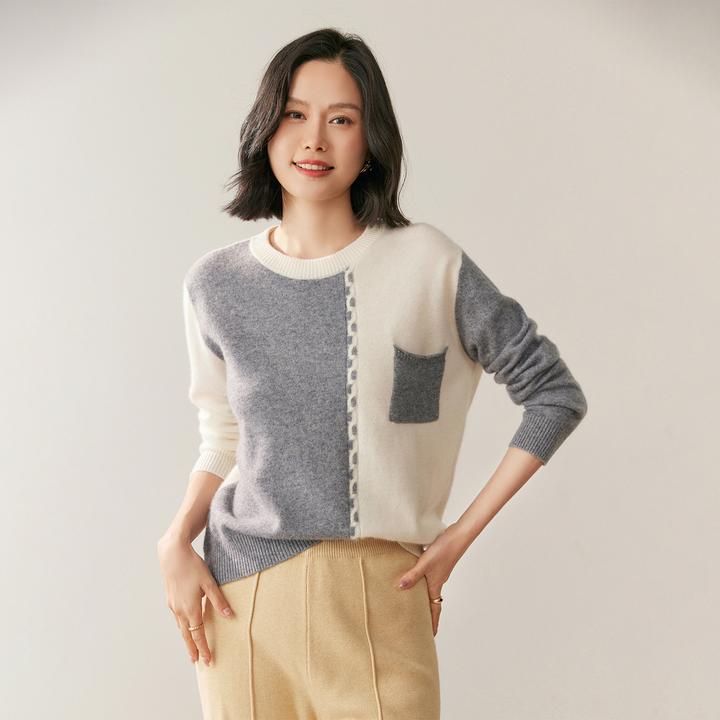 2025年冬季新款女装时尚拼色羊绒衫圆领气质韩版撞色针织毛衣打底
