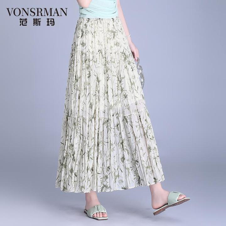 雪纺碎花半身裙女薄款2025夏季新款松紧高腰a字垂坠感气质长裙子a