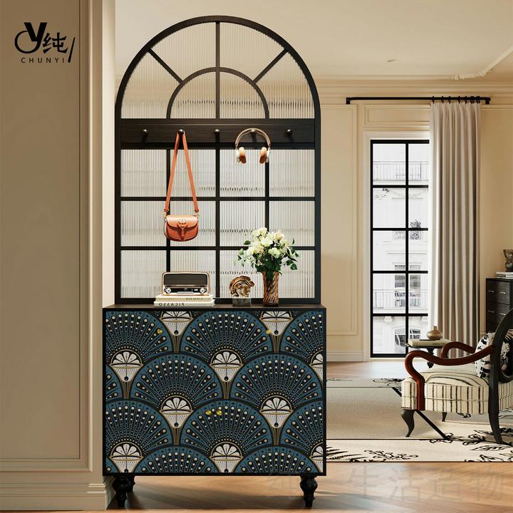 复古屏风隔断客厅长虹玻璃入户玄关柜家用实木一体鞋柜收纳储物柜