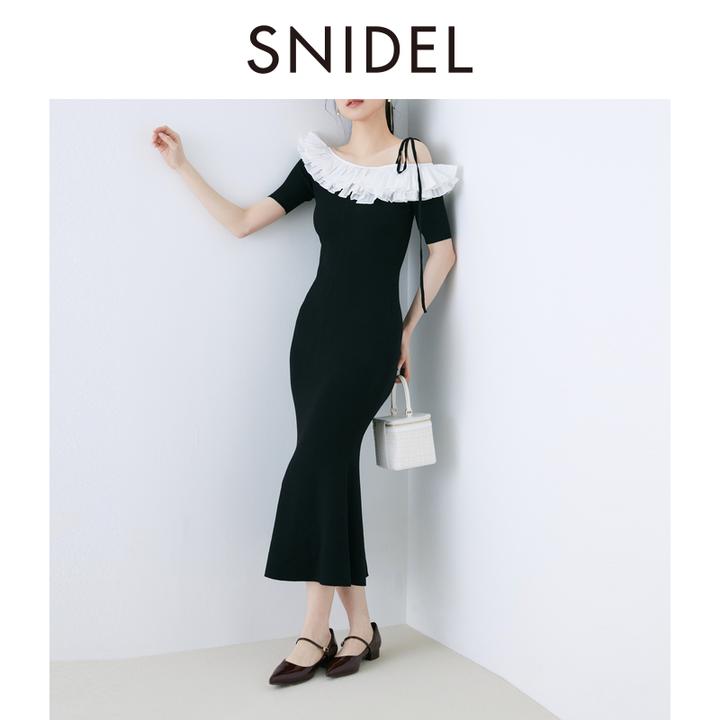 SNIDEL2025春夏新品优雅短袖荷叶领露肩针织鱼尾连衣裙SWNO252031