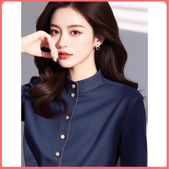 叠穿高级感法式2025新款时尚气质牛仔衬衫女打底秋季立领蓝色休闲
