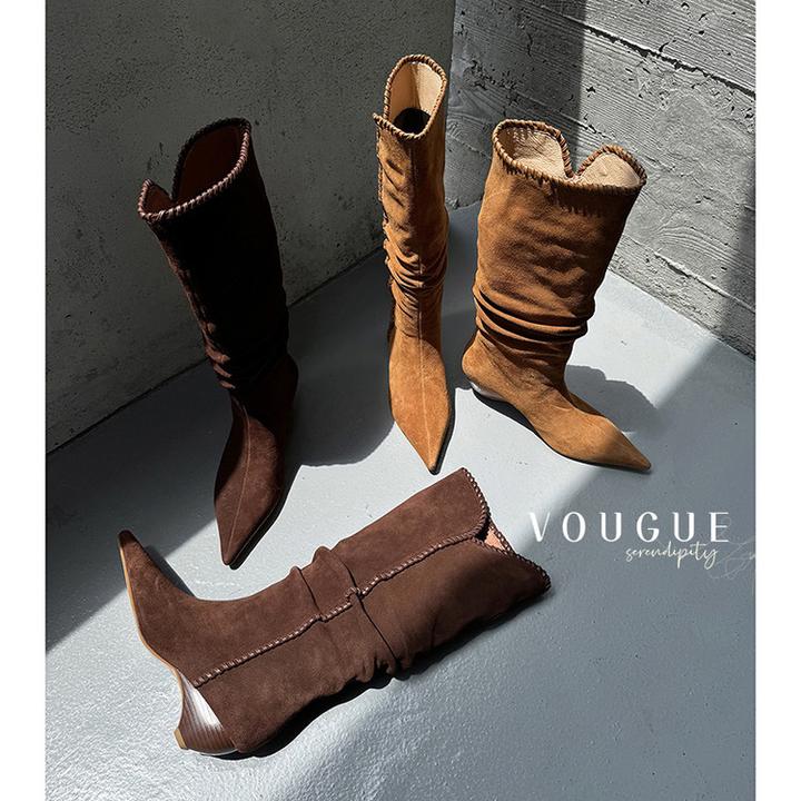 牛皮尖趾西部牛仔靴的妇女利基复古编织v口修长厚跟长靴