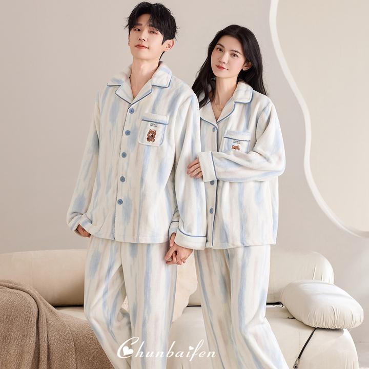 可外穿情侣秋冬季家居服开衫法兰绒珊瑚绒加厚套装睡衣冬款加绒