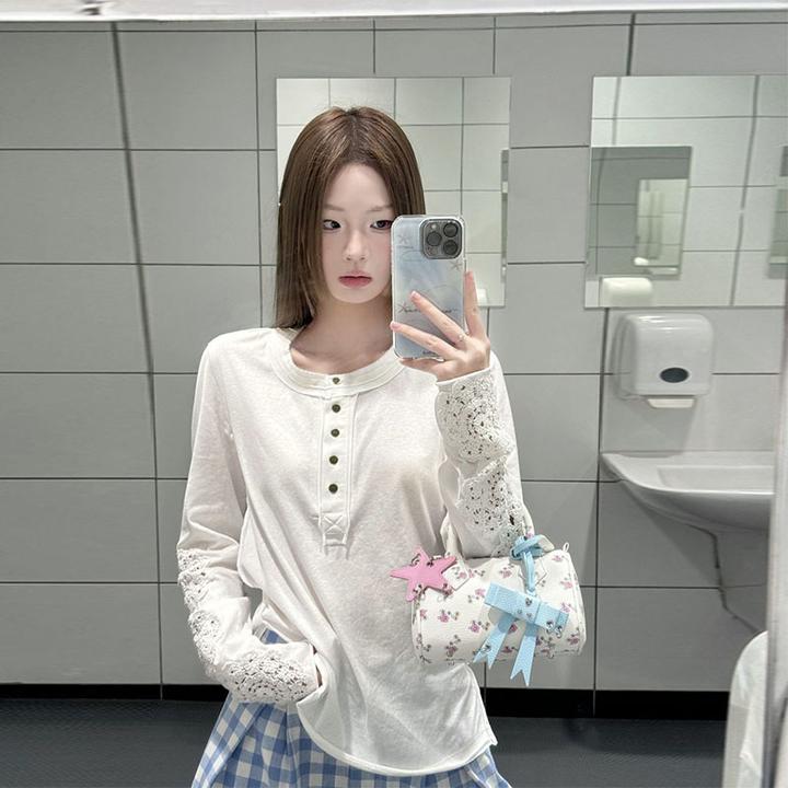 美式vintage蕾丝镂空刺绣亨利领长袖T恤女夏季宽松百搭防晒衫上衣