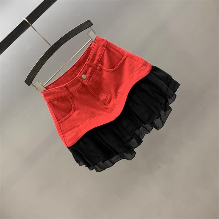 2025夏季显瘦辣妹洋气红色荷叶边拼接牛仔半身裙女A字蛋糕裙短裙