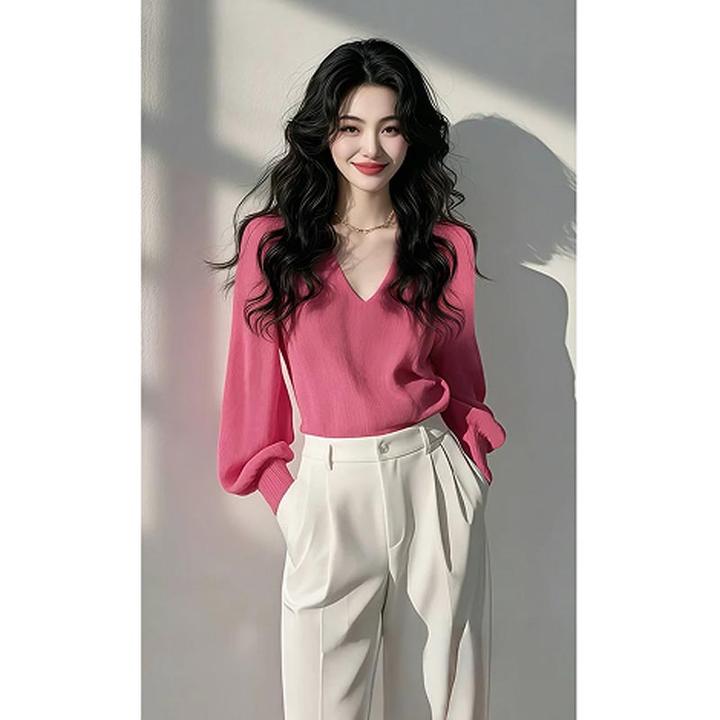 2025夏季法式爆款高级感小香风V领玫红色上衣百搭休闲裤两件套女