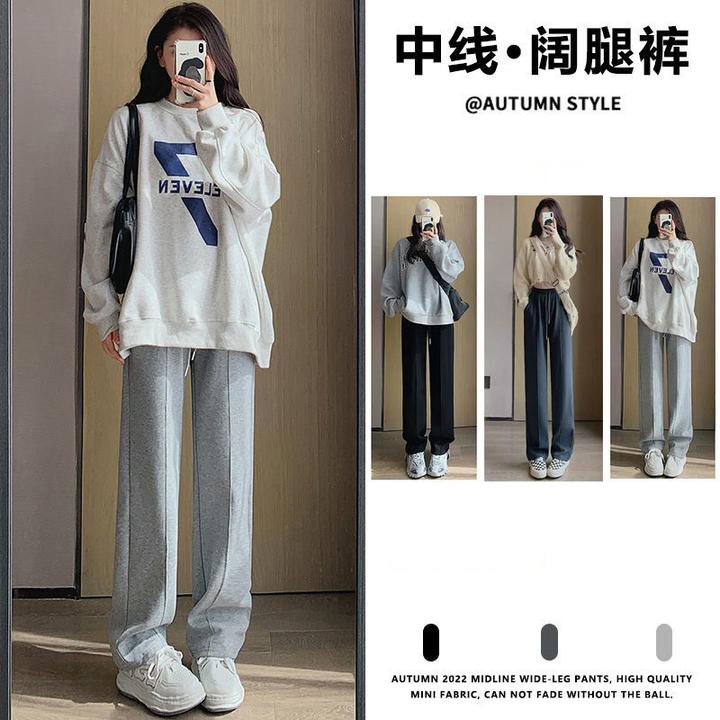 口袋高腰灰色裤子运动裤春秋2025新款韩版宽松直筒休闲显瘦卫裤小